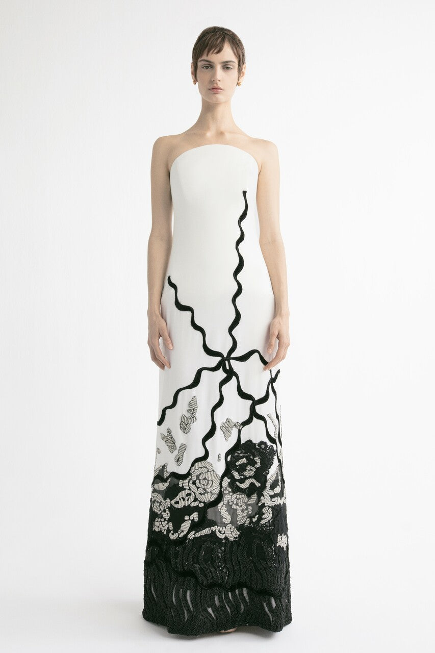 Embellished Strapless Gown with Tail