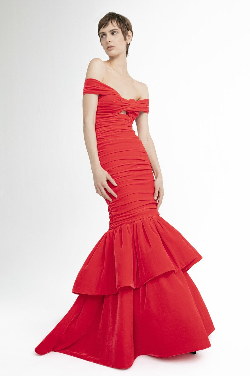 Strapless Ruched Dropped Waist Gown