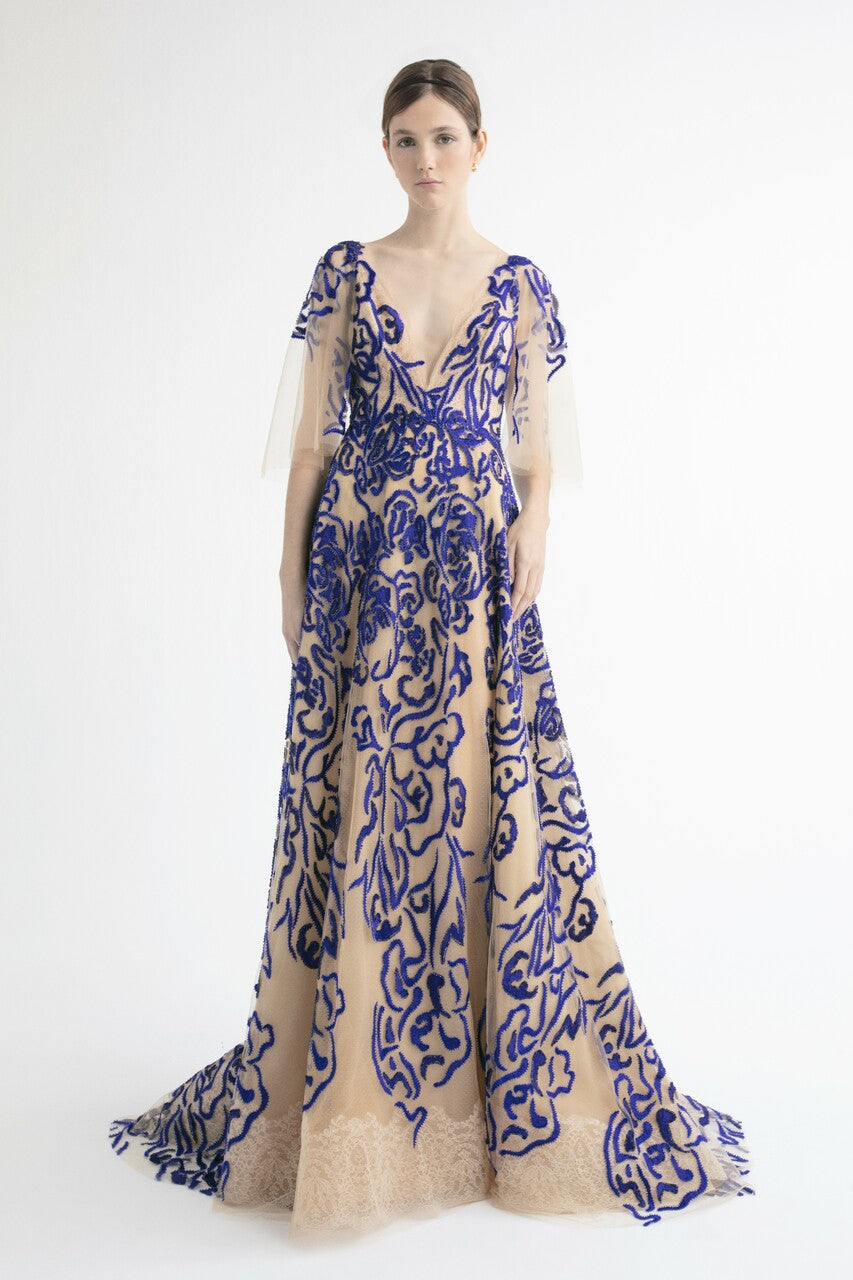 Cape Sleeve Embroidered A-Line Gown