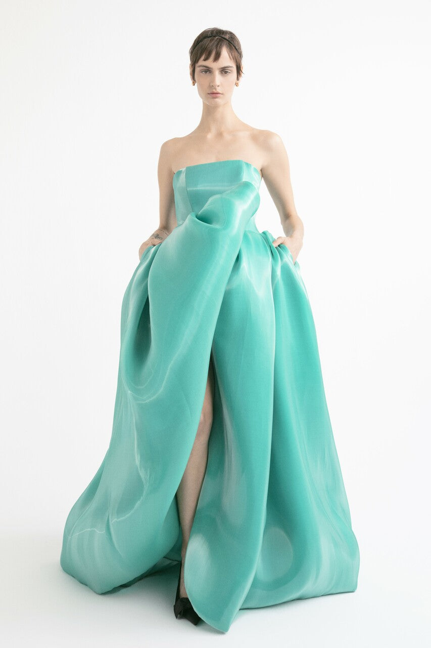 Strapless Draped Skirt Slit Gown