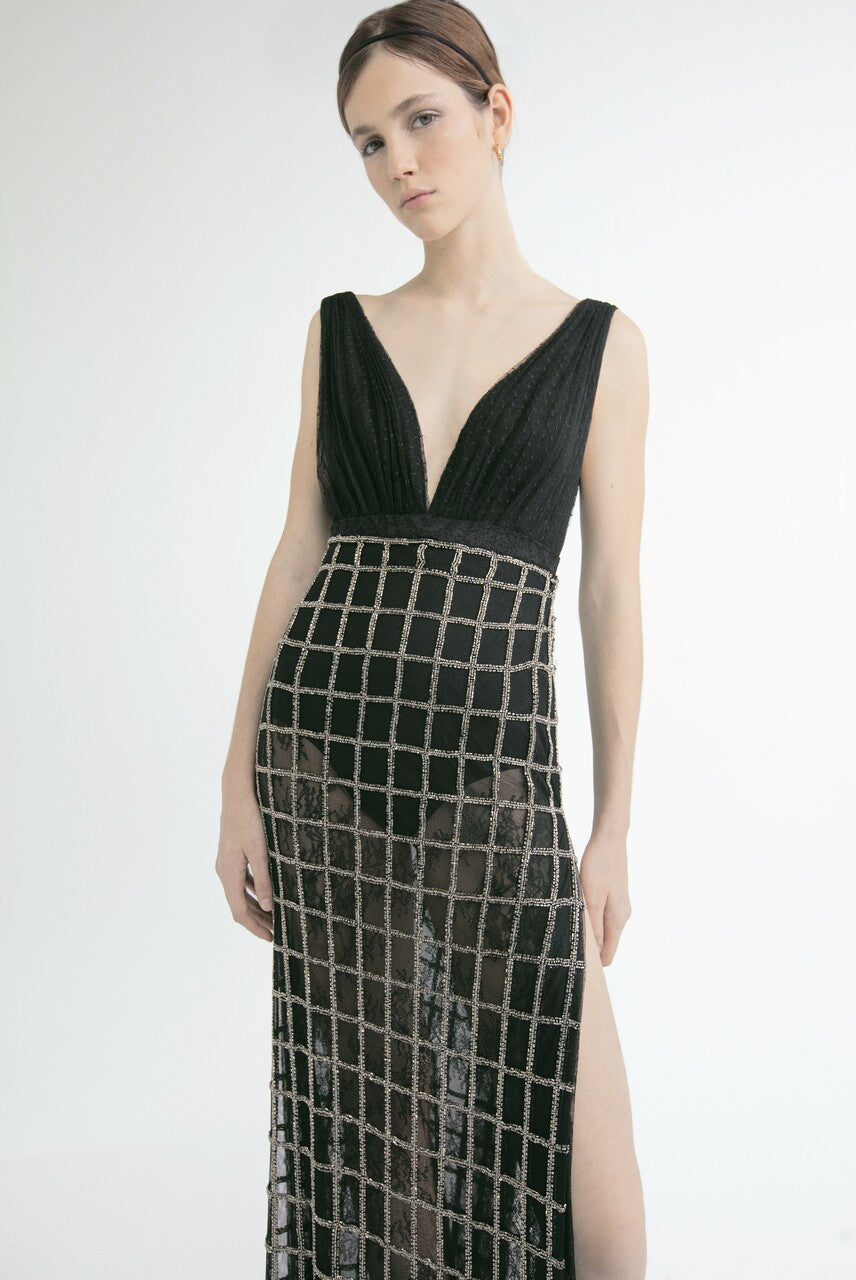 Sleeveless Embellished Gown with Ruched Bodice