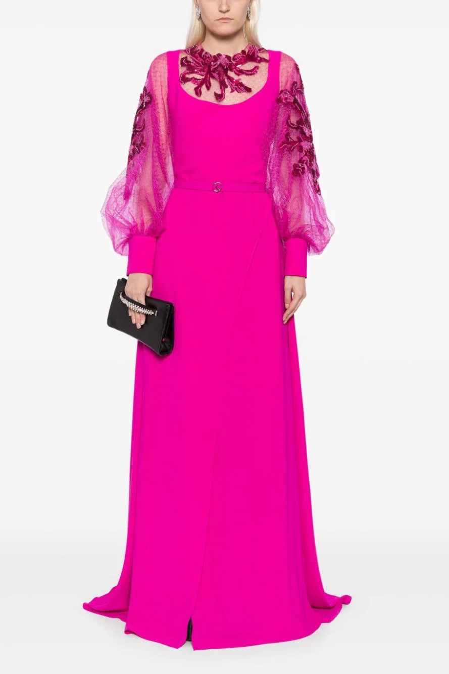 Crepe Gown with Envelope Skirt and Beaded Top and Sleeves