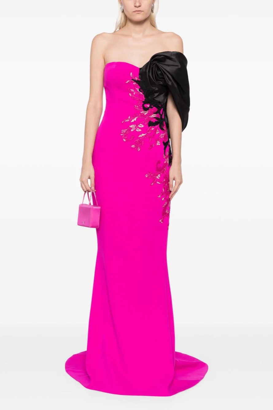 Crepe Gown with Mikado Off the Shoulder Sleeve