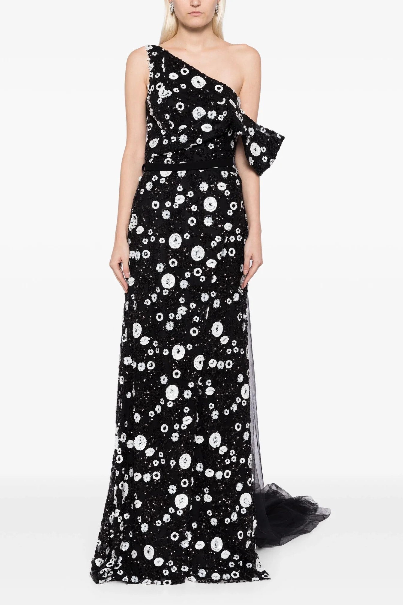 Tulle Gown with Envelope Skirt and Off the Shoulder Sleeve and Tulle Tail