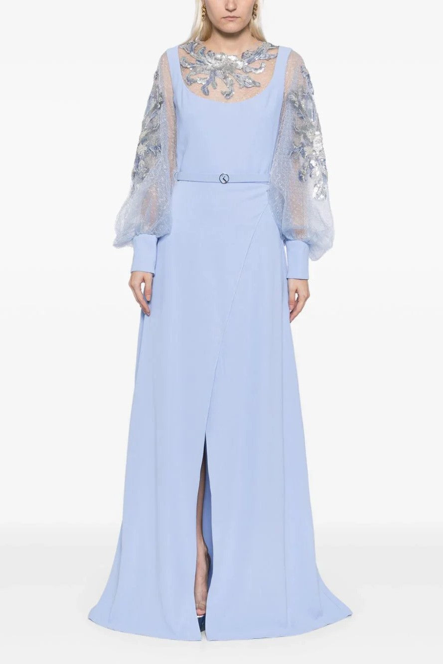 Crepe Gown with Envelope Skirt and Beaded Top