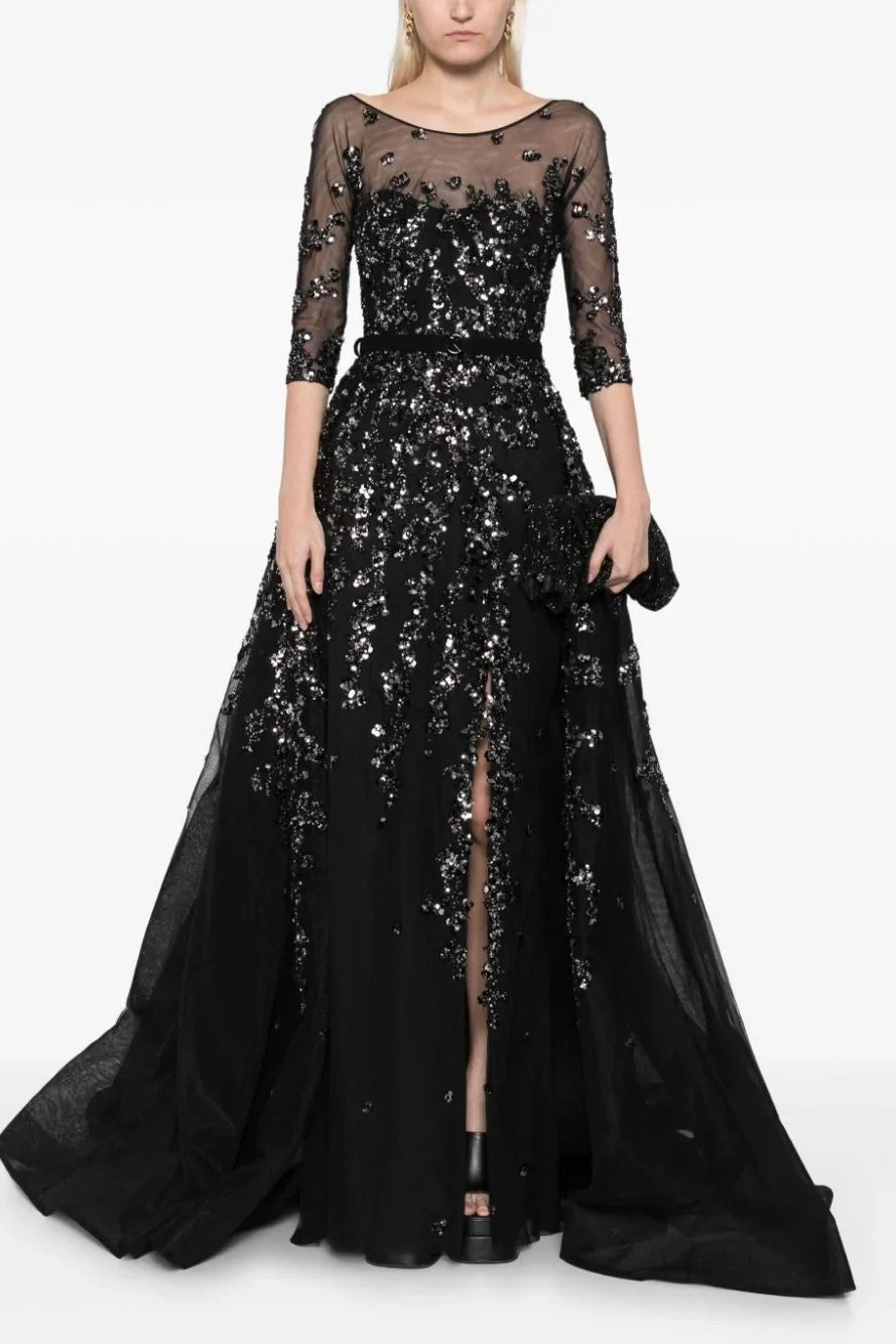 Tulle Beaded Quarter Sleeve Gown with Envelope Skirt and Overskirt