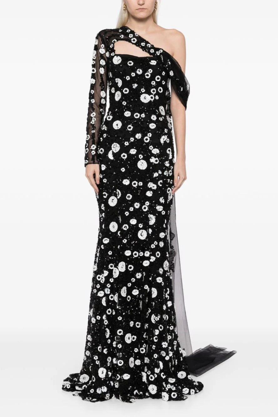 Tulle One Shoulder Gown with Dotted Beading and Tulle Tail