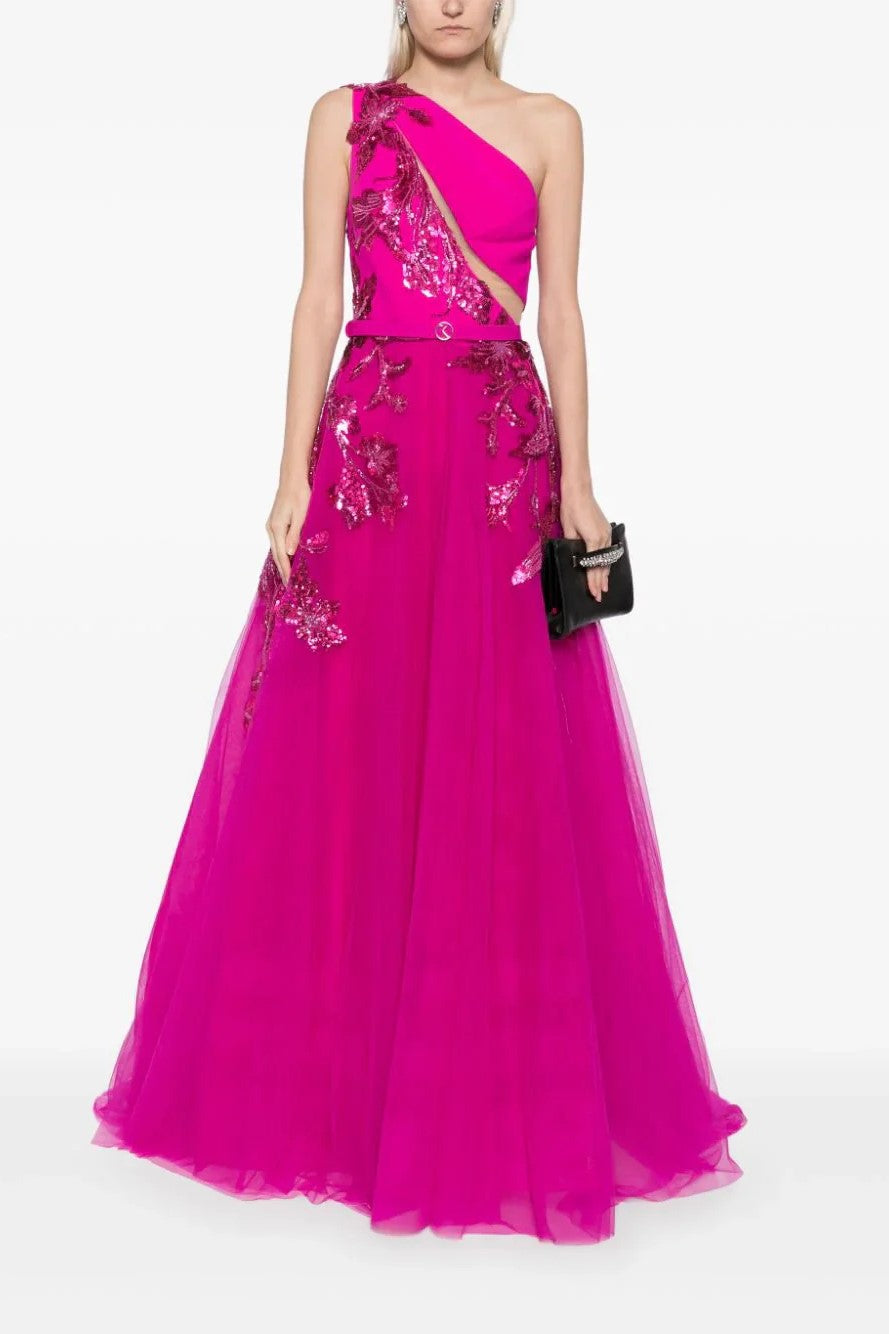 Tulle Beaded One Shoulder Gown with Beading