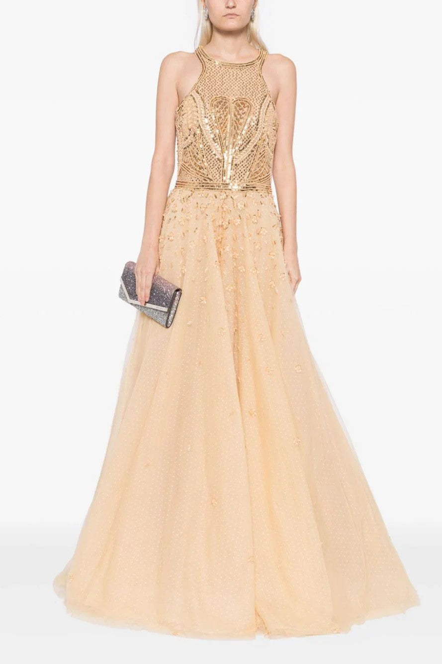 Tulle Beaded A-Line Gown with Halter Neckline