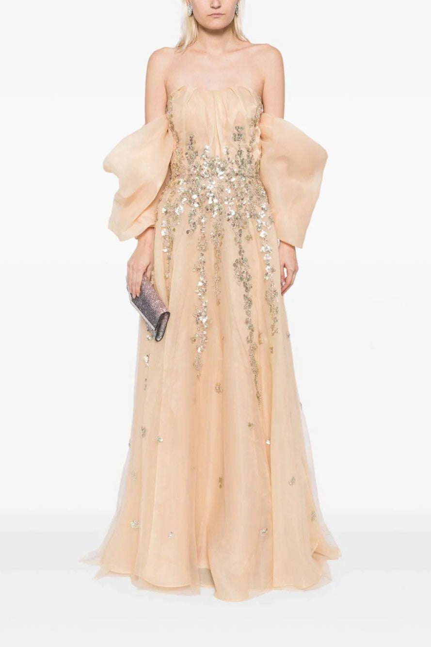 Organza Gown with Dotted Beading and Off Shoulder Sleeves