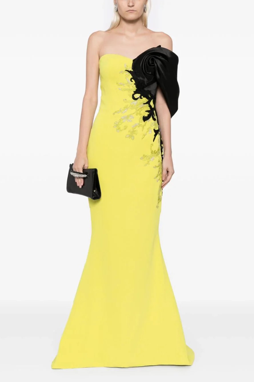 Crepe Gown with Mikado One Sided, Off the Shoulder Sleeve