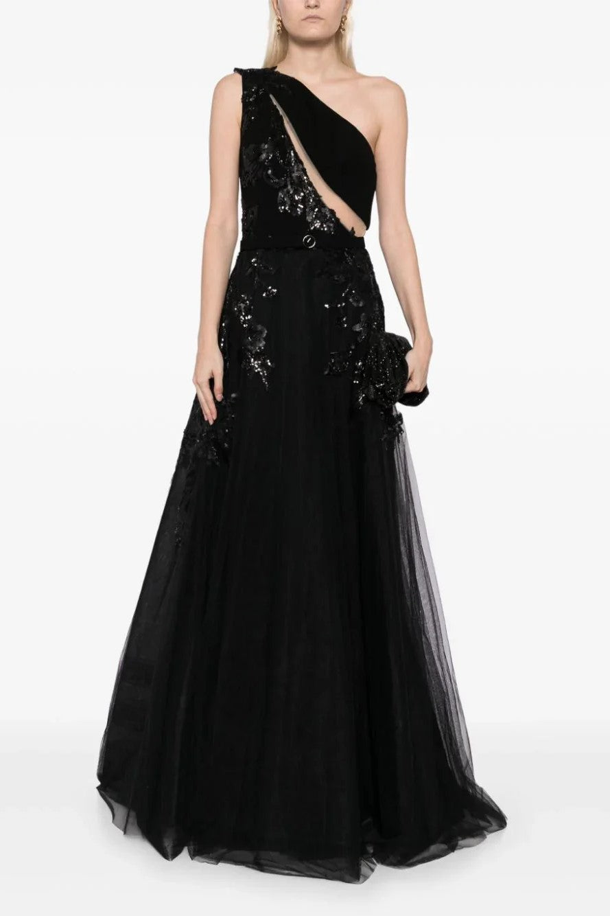 Tulle One Shoulder Gown with Beading