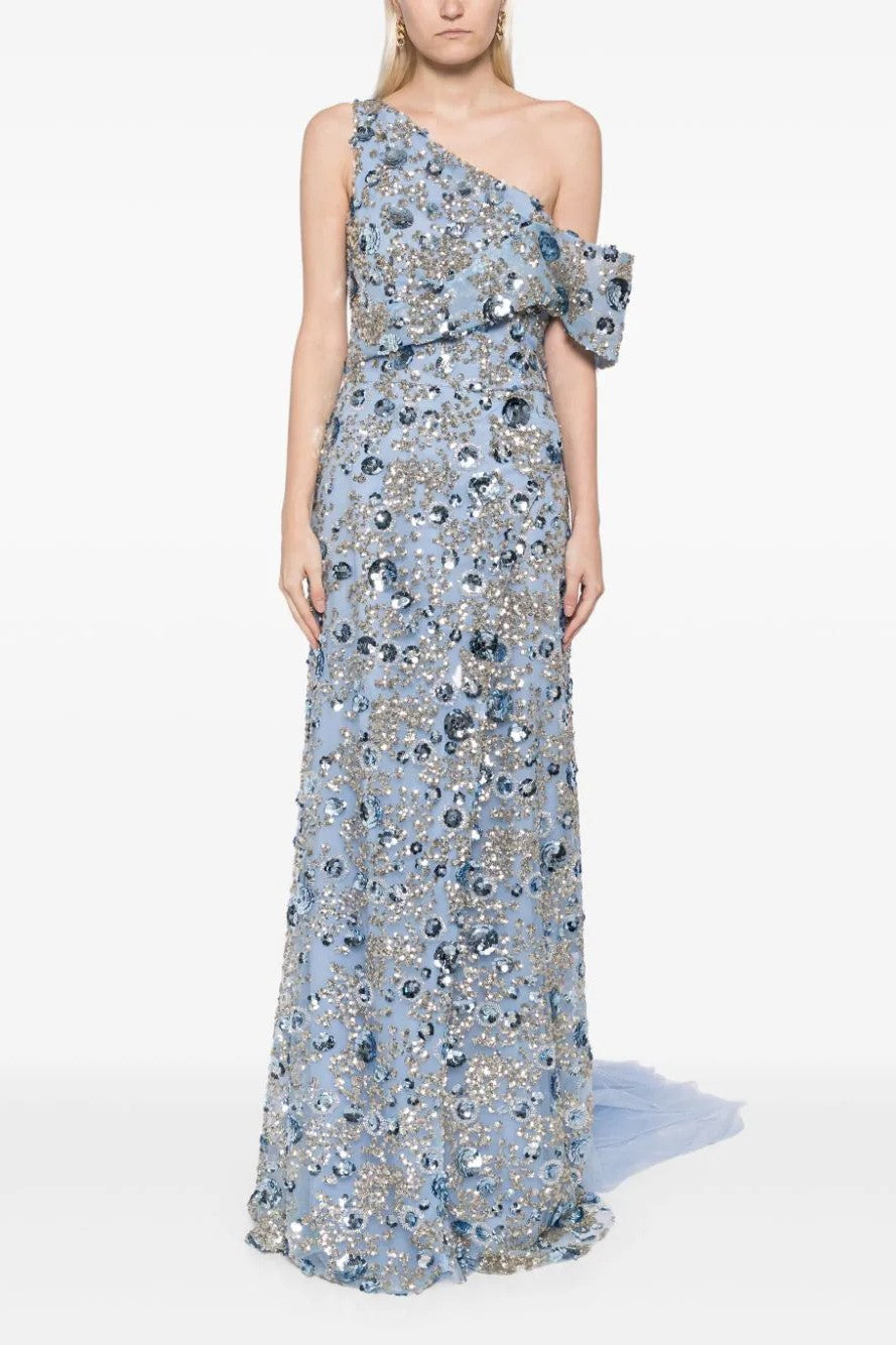 Tulle Gown with Envelope Skirt and Off Shoulder Sleeve and Tulle Tail