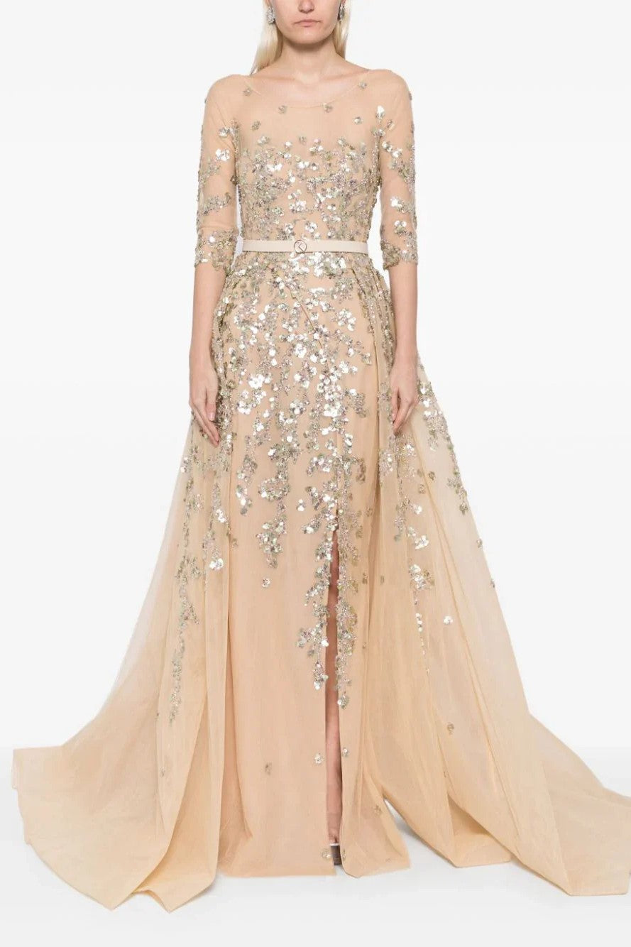 Tulle Beaded Gown with Envelope Skirt and Overskirt