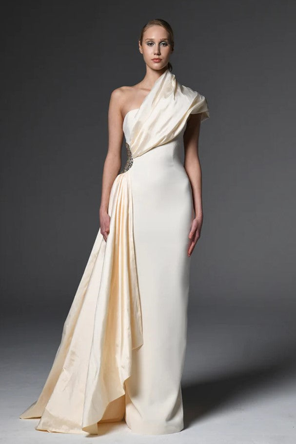 Asymmetric Crepe Gown with Taffeta Collar