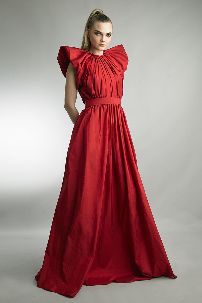 Sculpted Shoulder Pleated Gown