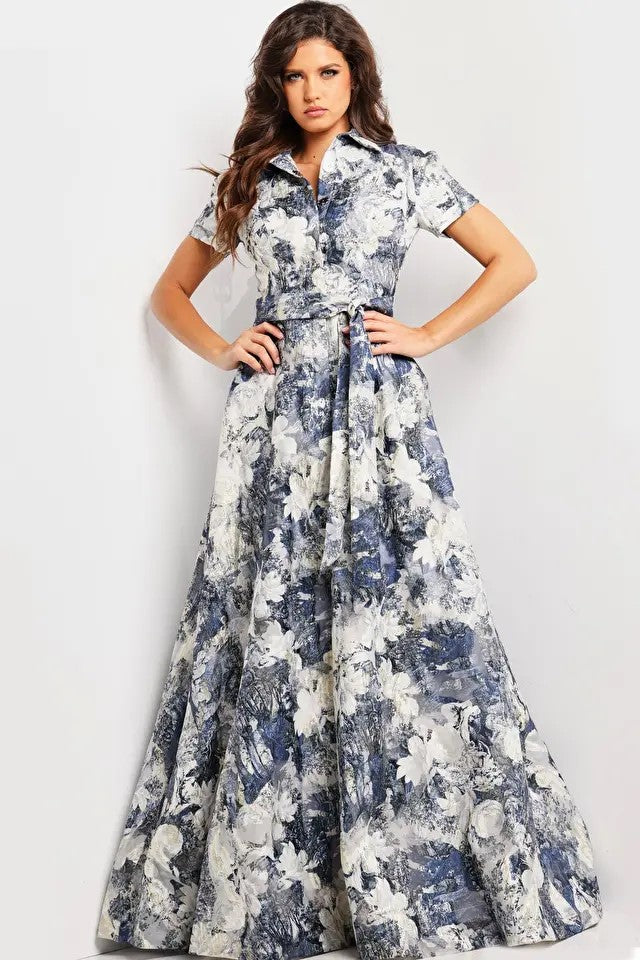 Print Short Sleeve A-Line Gown