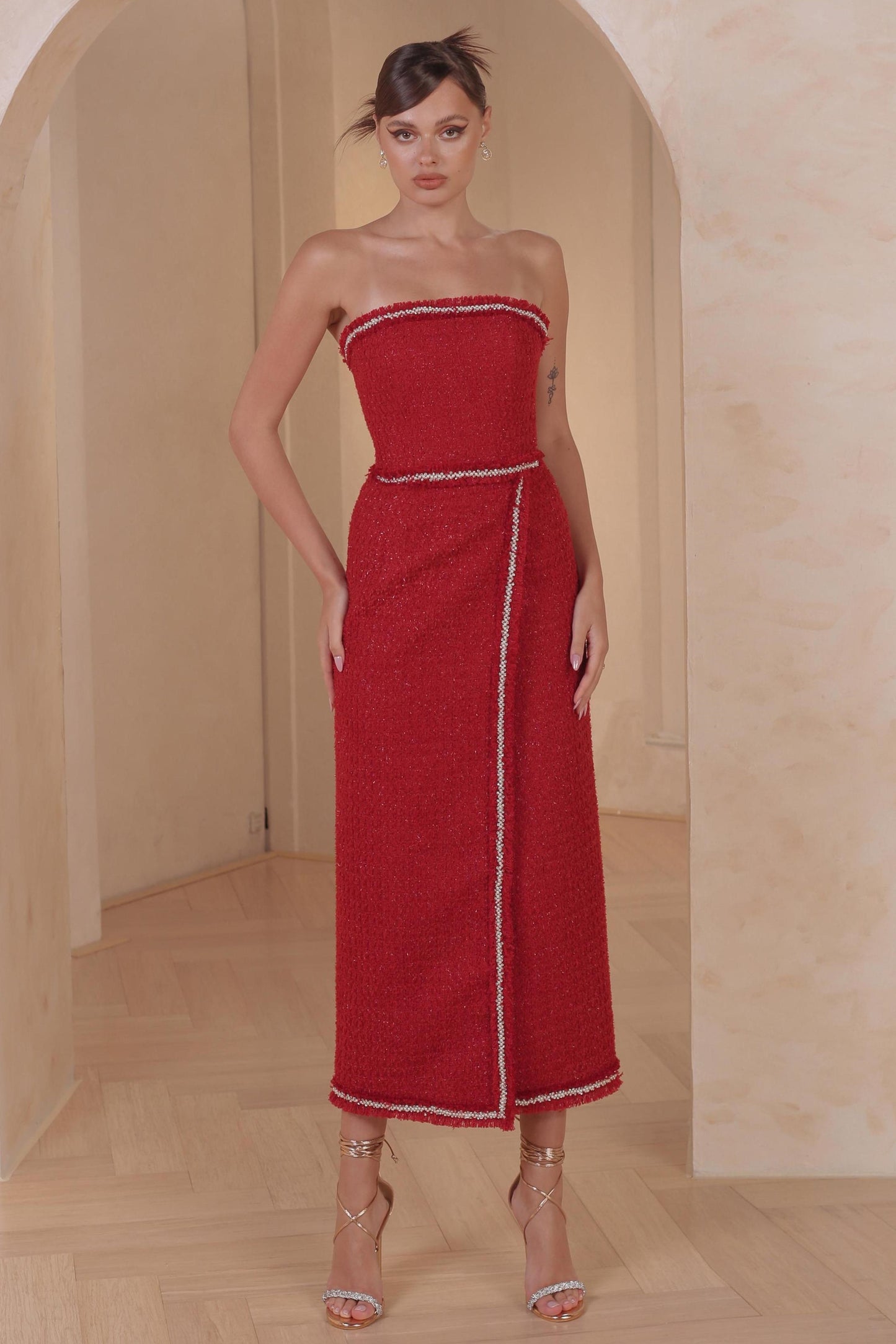 Strapless Midi Dress with Pearl Details