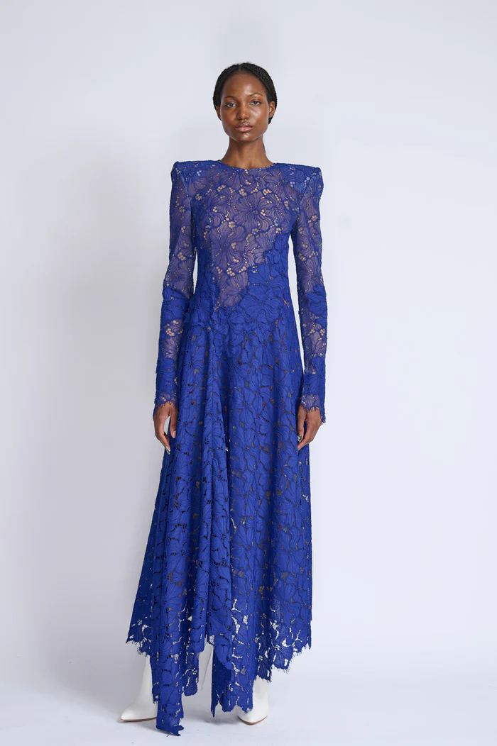 Yves Blue Lace Dress with Asymmetrical Hem
