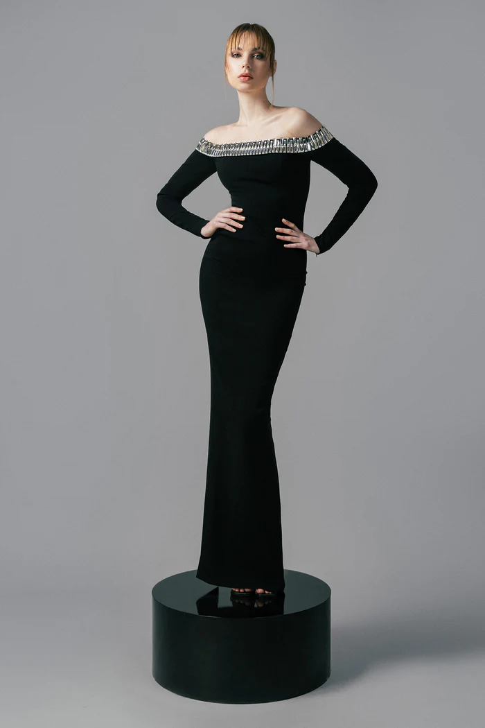 Off Shoulder Gown with Crystal Neckline