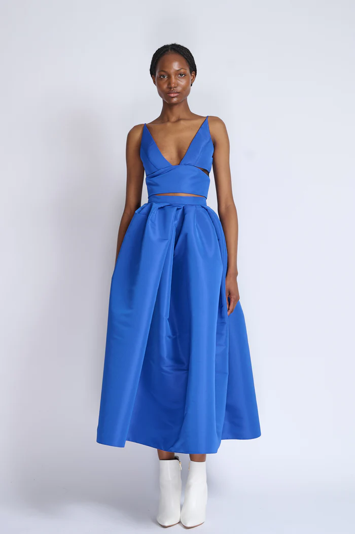 Yves Blue Faille Top with Cloche Skirt