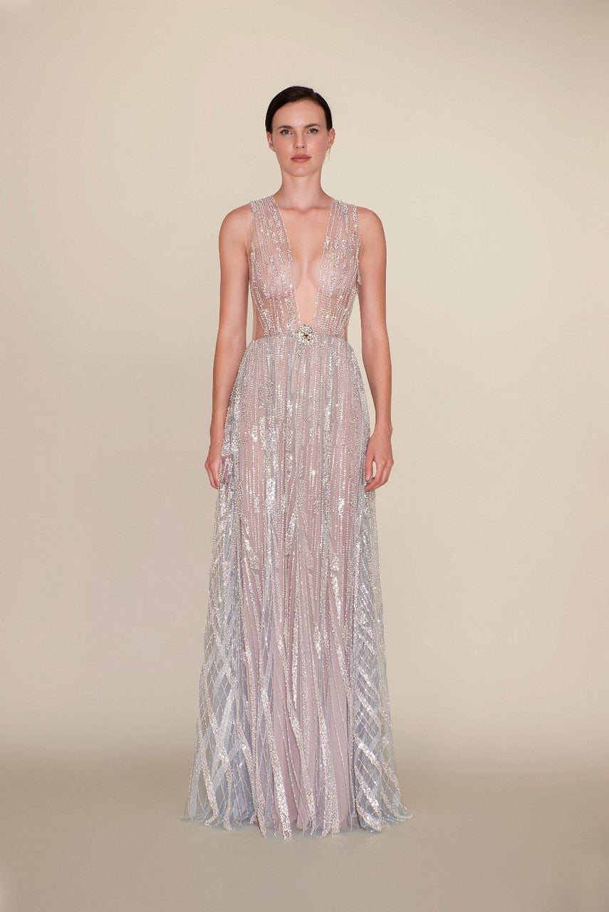 Beaded Tulle Sleeveless Gown
