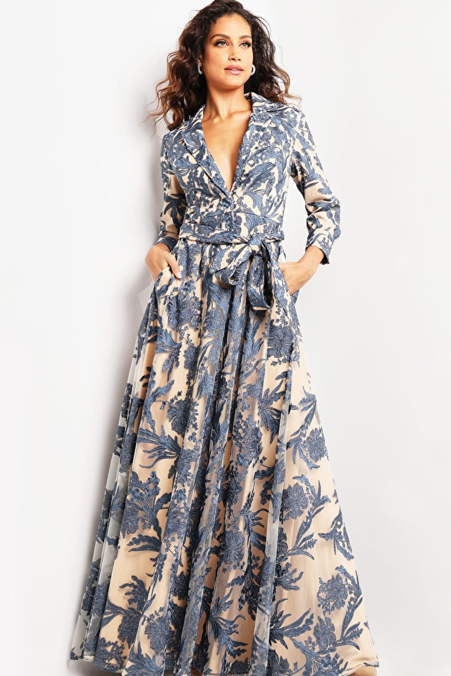 V-Neck Long Sleeve A-Line Gown