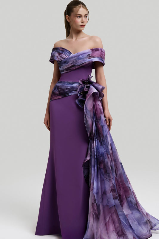 Off Shoulder Floral Print Gown