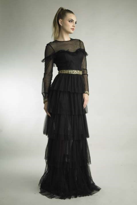 Long Sleeve Pleated Tiered Gown