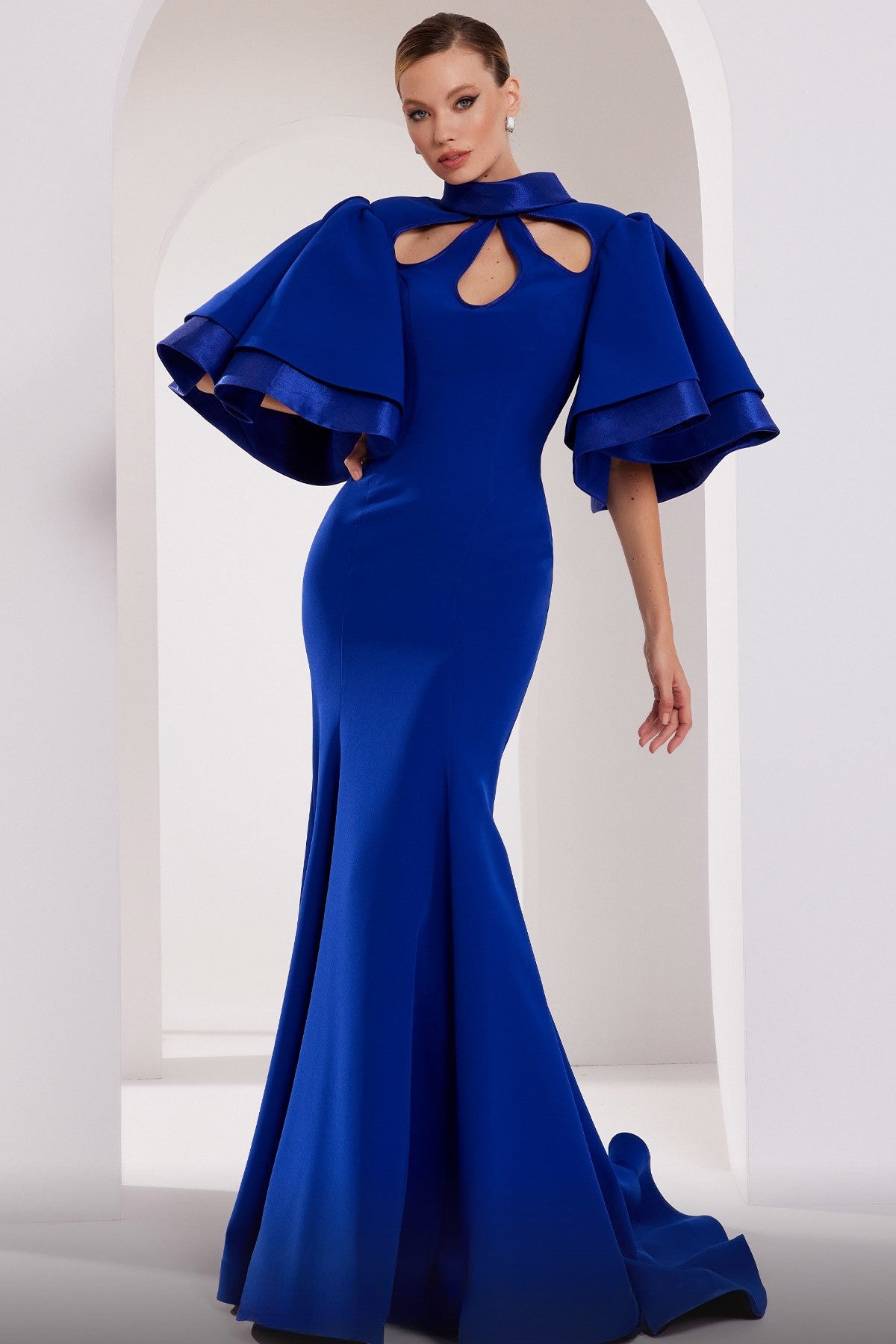 Short Ruffled Sleeve Trumpet Gown