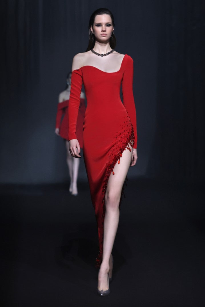 Cr?pe Dress with Asymmetrical Beaded Hem