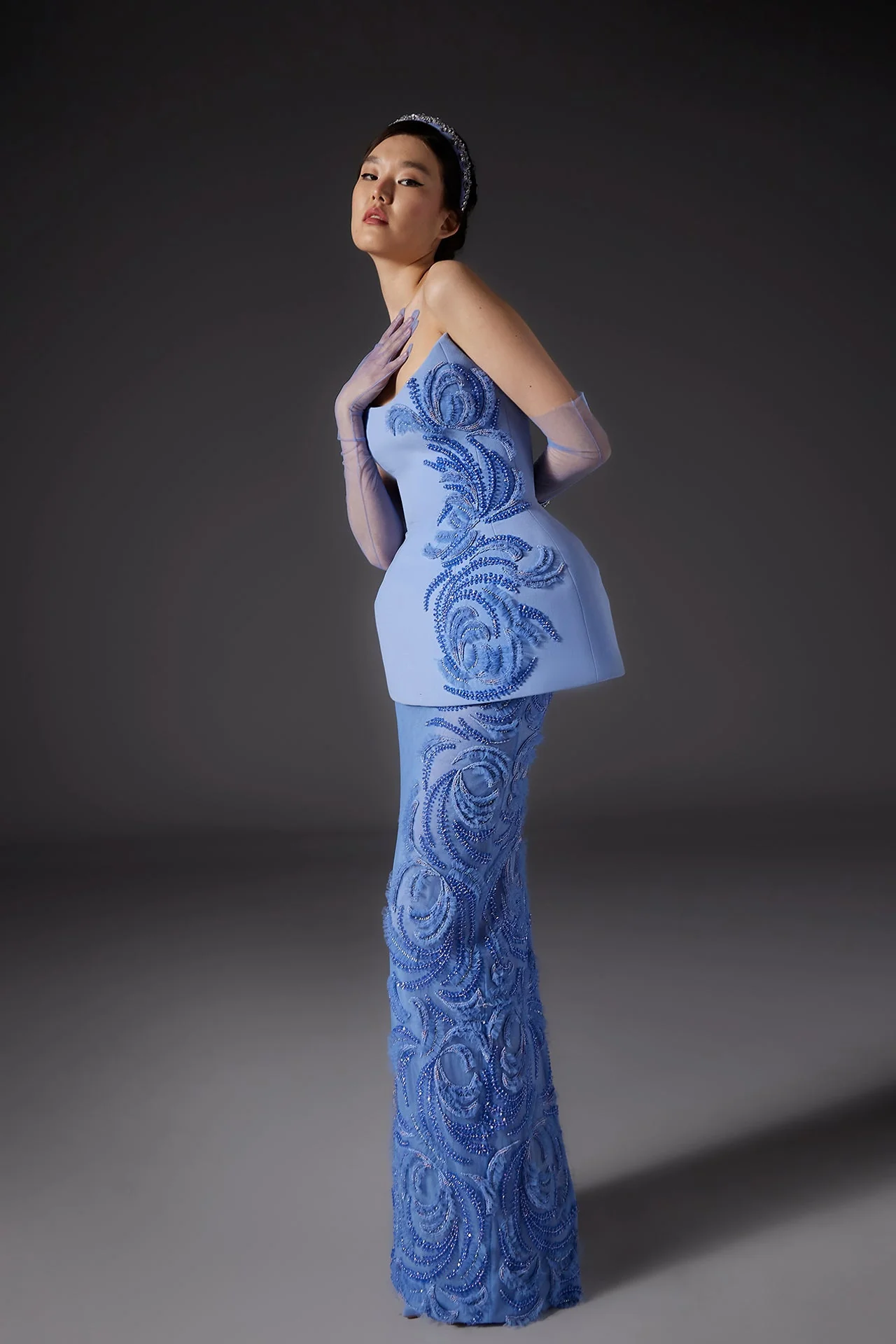 Crepe and Tulle Gown with Embroidery