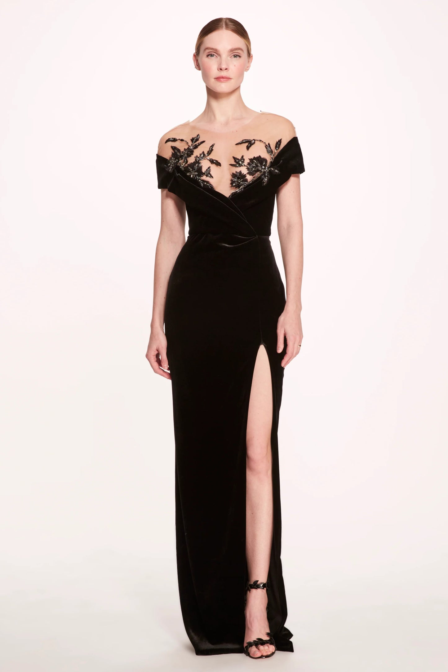 Illusion Off Shoulder Velvet Gown