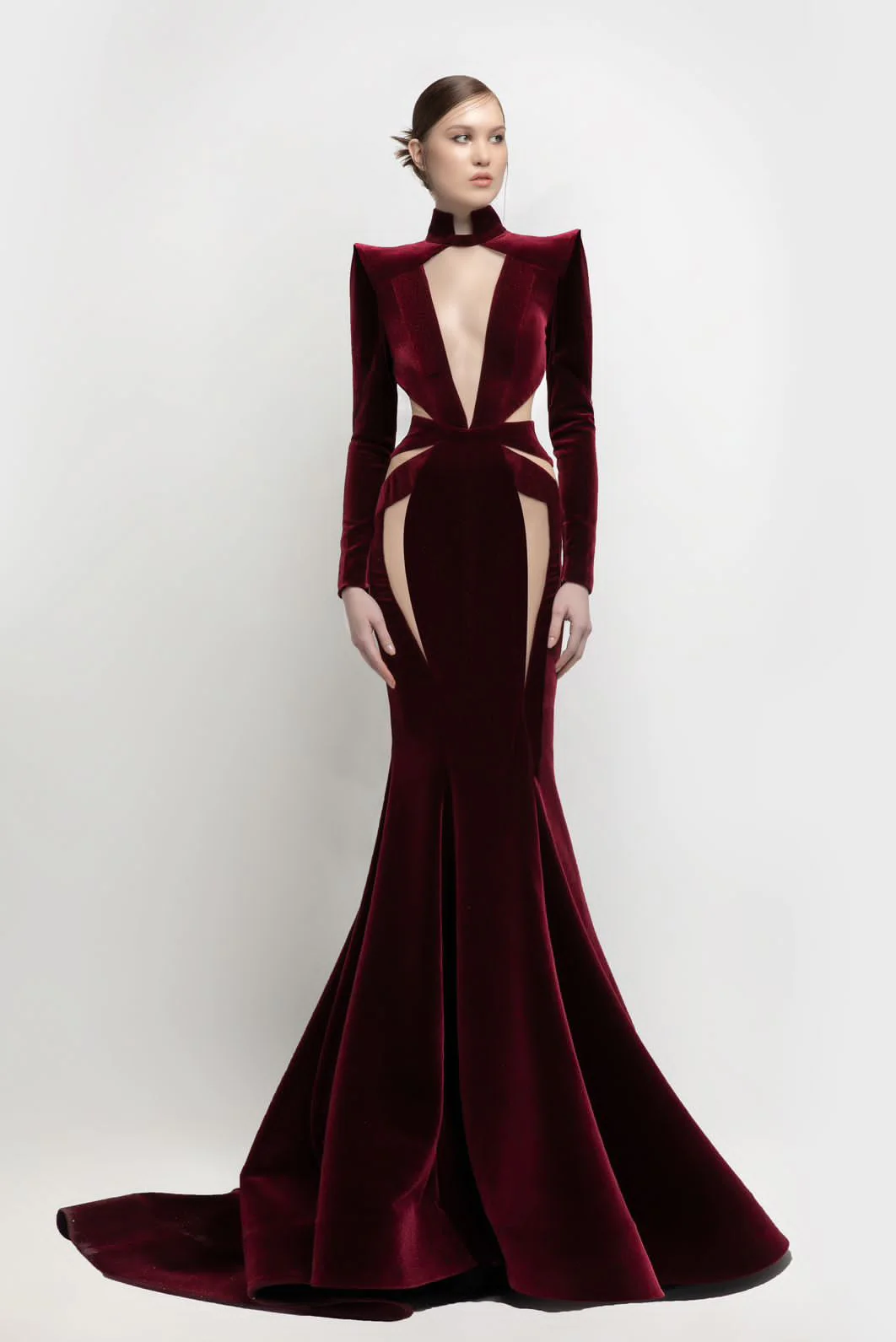 Structured Shoulder Long Sleeve Trumpet Gown