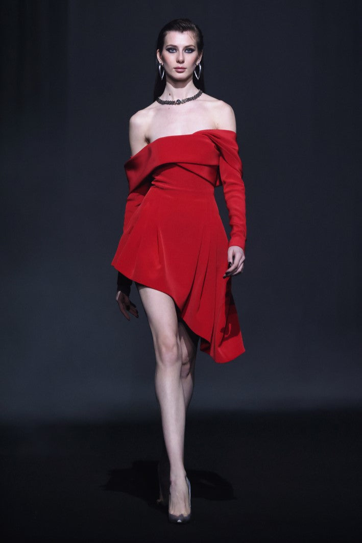 Off-Shoulder Cr?pe Dress with Pleats