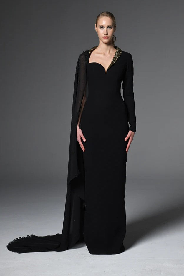 Asymmetric Cr?pe Gown with Crystals