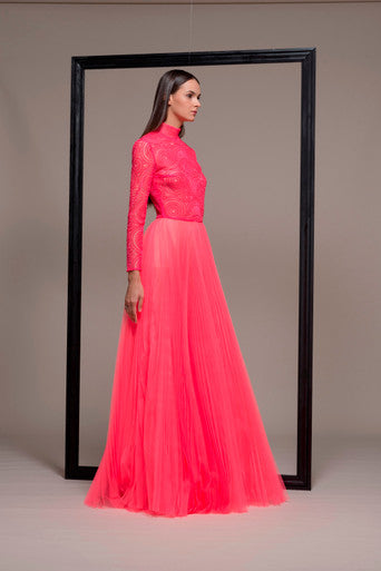 Long Sleeve Pleated A-Line Evening Gown