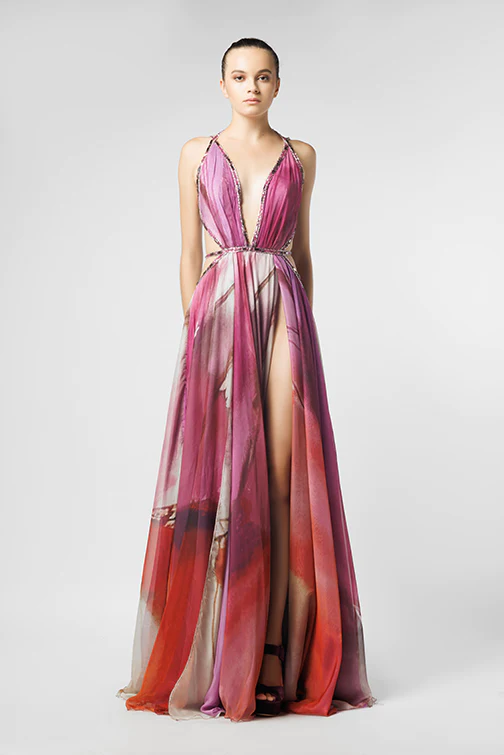 Printed Embellished Sleeveless Gown