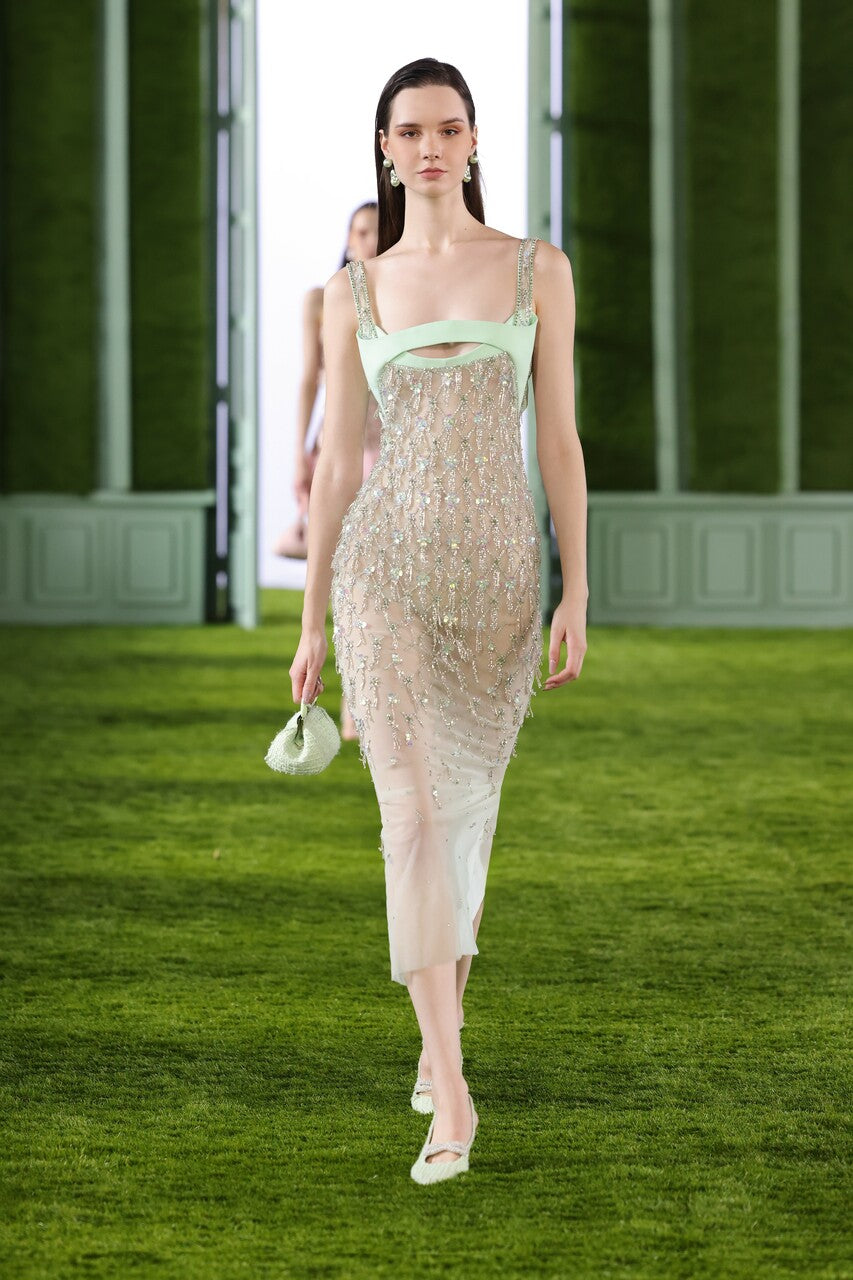 Beaded Tulle Dress with Crepe Bodice