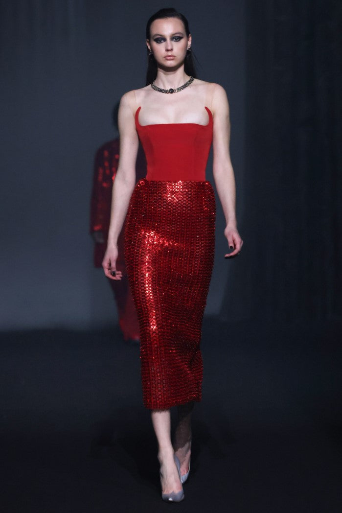 Beaded Tulle Dress with Crepe Corset