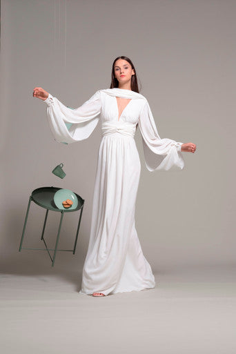 Long Draped Sleeve Evening Gown