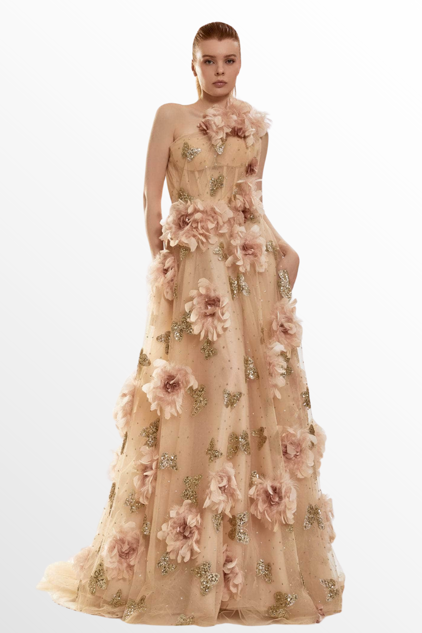 One-Shoulder Floral Gown