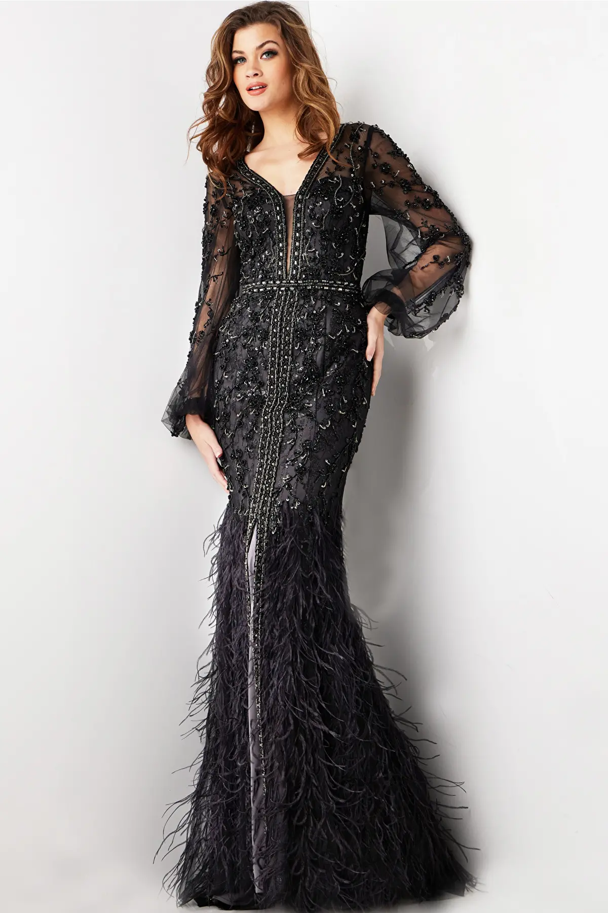 Feather Skirt Long Sleeve Gown