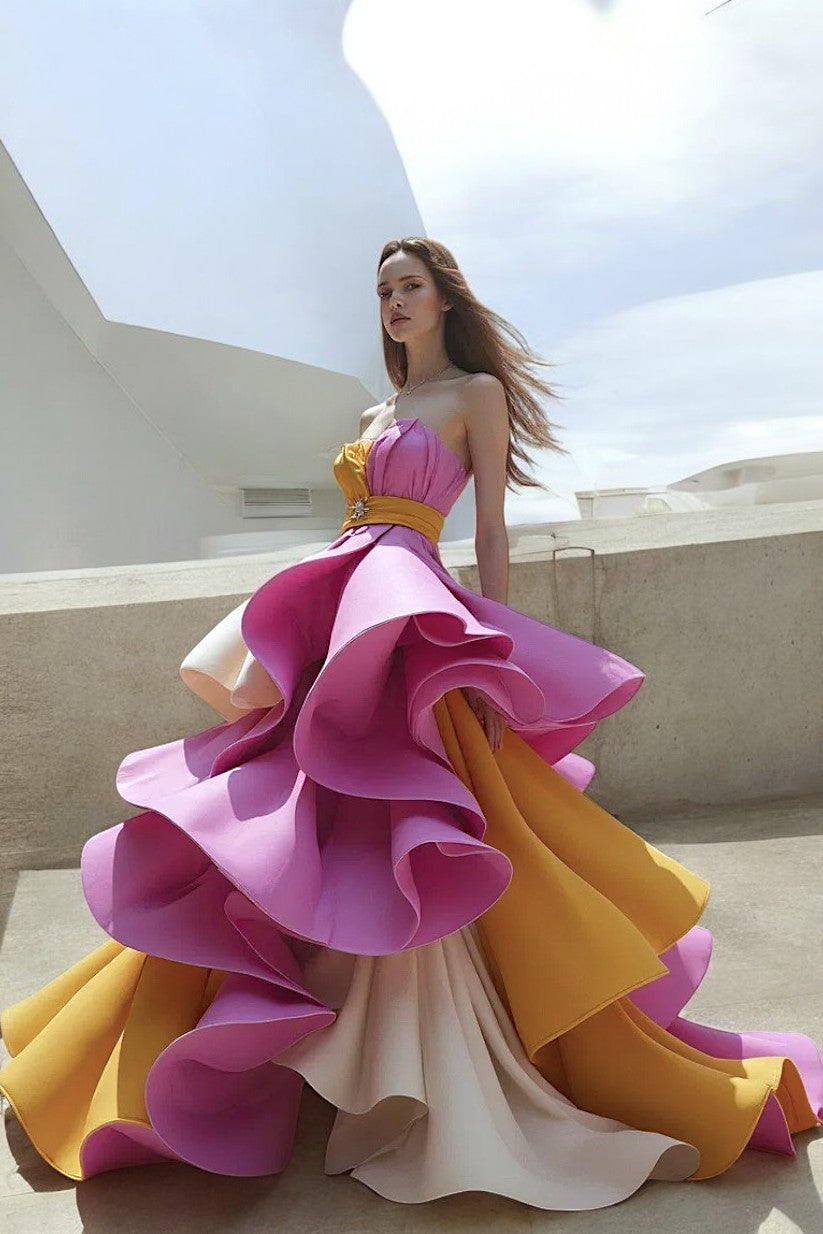 Ruffled-Strapless A-Line Gown