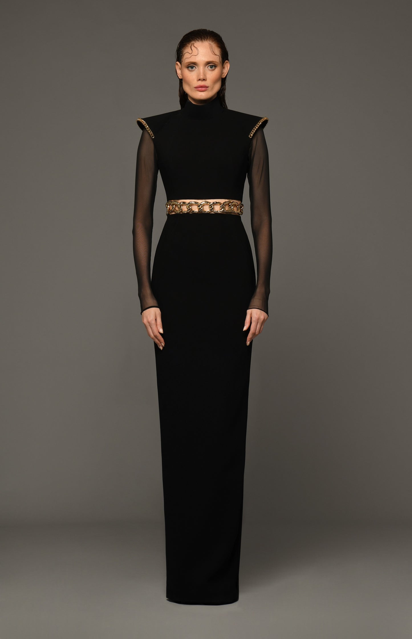 Long Tulle Sleeve Crêpe Gown