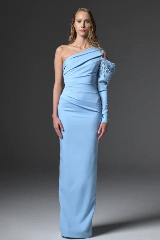 Asymmetric Cr?pe Gown with Embroidered Sleeve