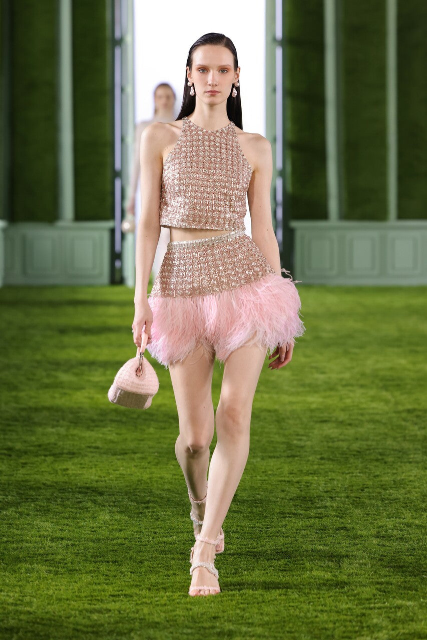 Beaded Tulle Halter Top with Skirt