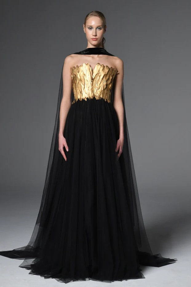 Corseted Tulle Gown with Feathers