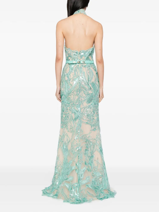 Embroidered Halter Neck Gown