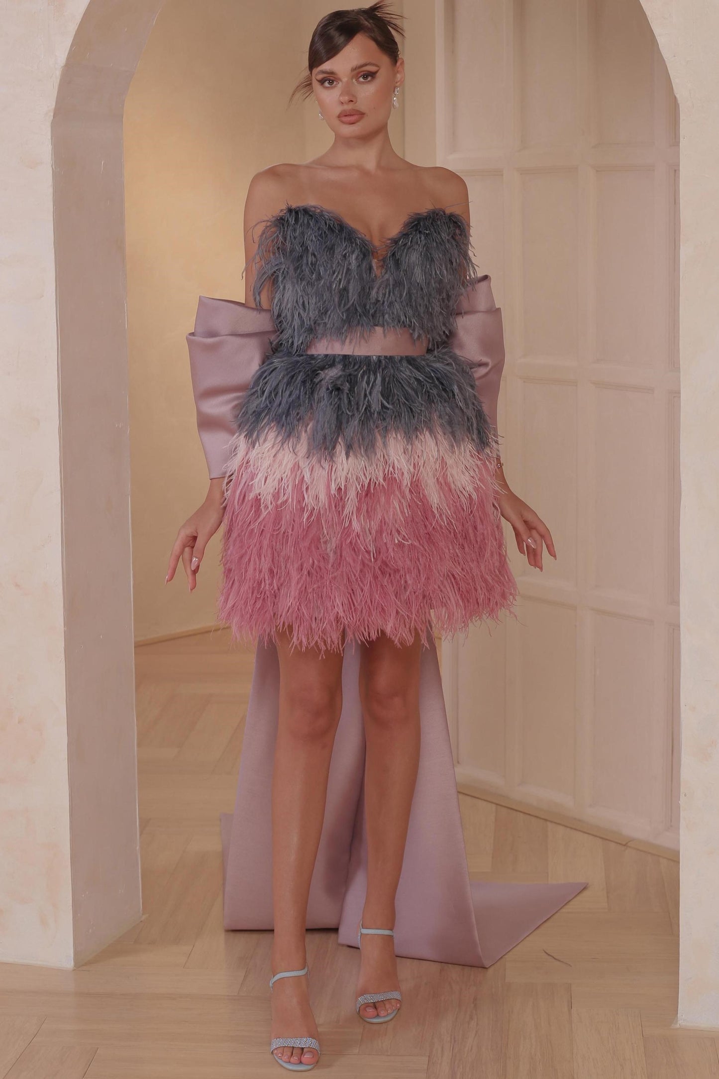 Mini Feather Dress with Train